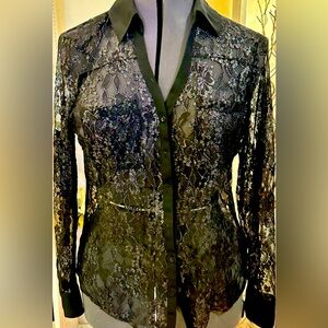 Express Black & Silver See Through Portofino Button Up Y2K Gothic Romance Sexy M